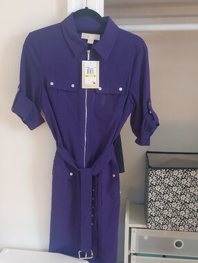Michael Kors Purple Zip-Front Midi Shirt Dress with Belt